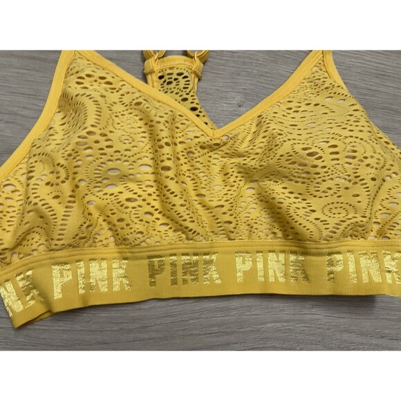 PINK Victotria’s Secret  Sports Bra Lightly Lined Lace Mesh Lounge small yellow - Picture 4 of 5